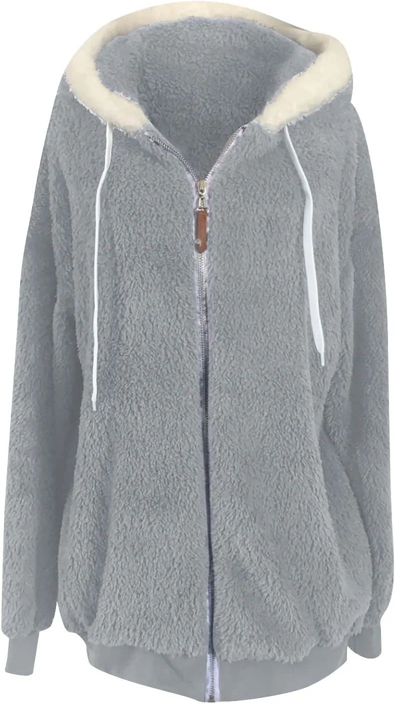 Women's Contrasting Lamb Wool Padded Coat Trendy Faux Shearling Coat Warm Hooded Zip Up Fuzzy Winter Jacket with Pockets