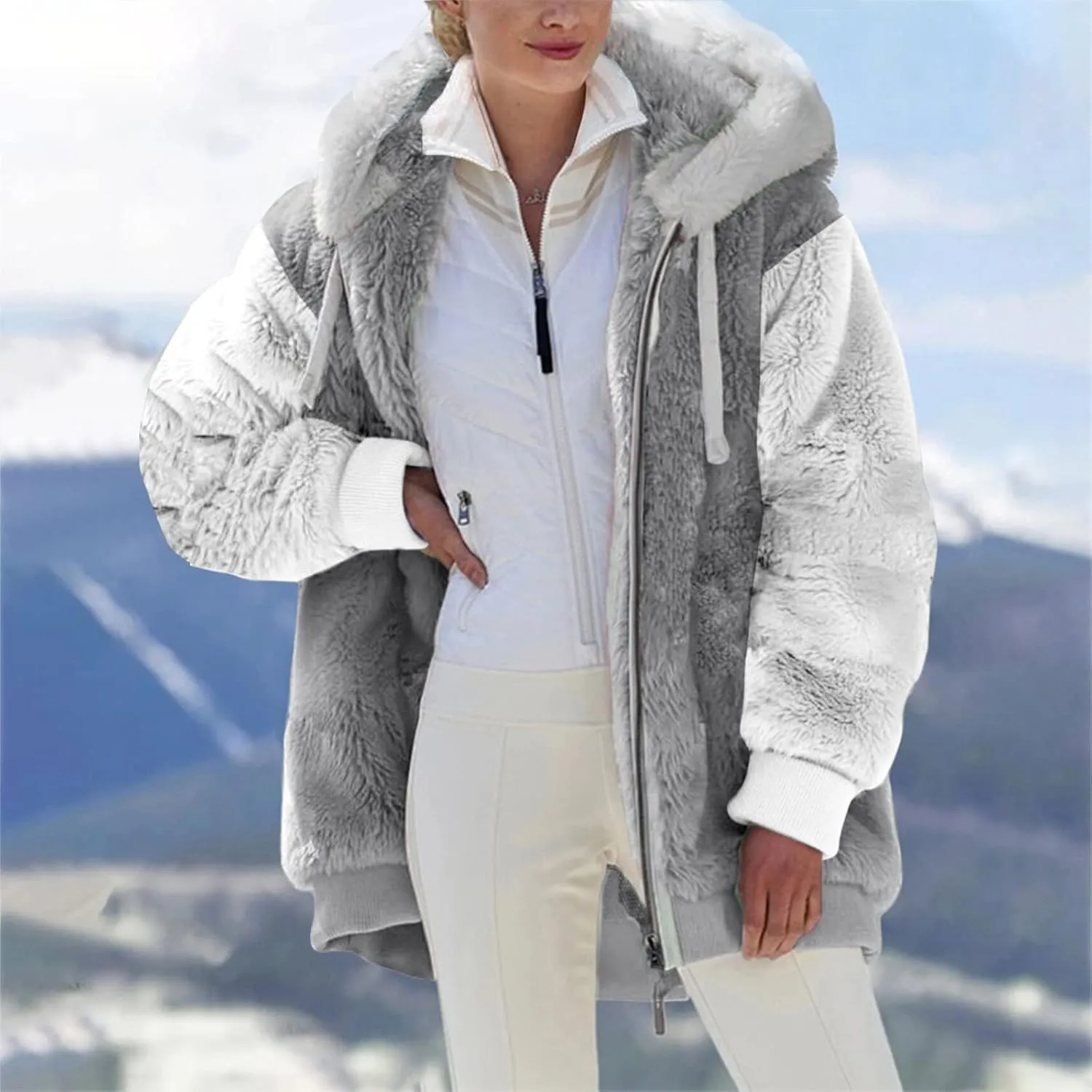 Women's Contrasting Lamb Wool Padded Coat Trendy Faux Shearling Coat Warm Hooded Zip Up Fuzzy Winter Jacket with Pockets