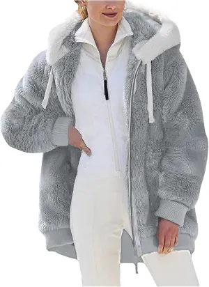 Women's Contrasting Lamb Wool Padded Coat Trendy Faux Shearling Coat Warm Hooded Zip Up Fuzzy Winter Jacket with Pockets