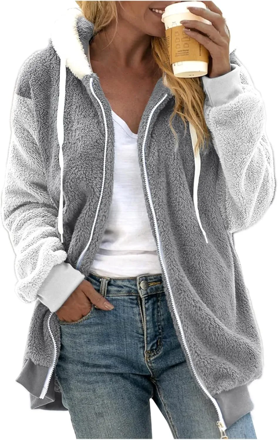Women's Contrasting Lamb Wool Padded Coat Trendy Faux Shearling Coat Warm Hooded Zip Up Fuzzy Winter Jacket with Pockets