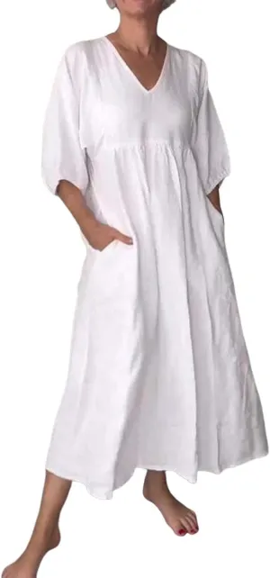 Women's Cotton Linen Deep V-Neck Pleated Dress Solid Color Casual Maxi Dresses Midi Long Tunic Dress with Pocket