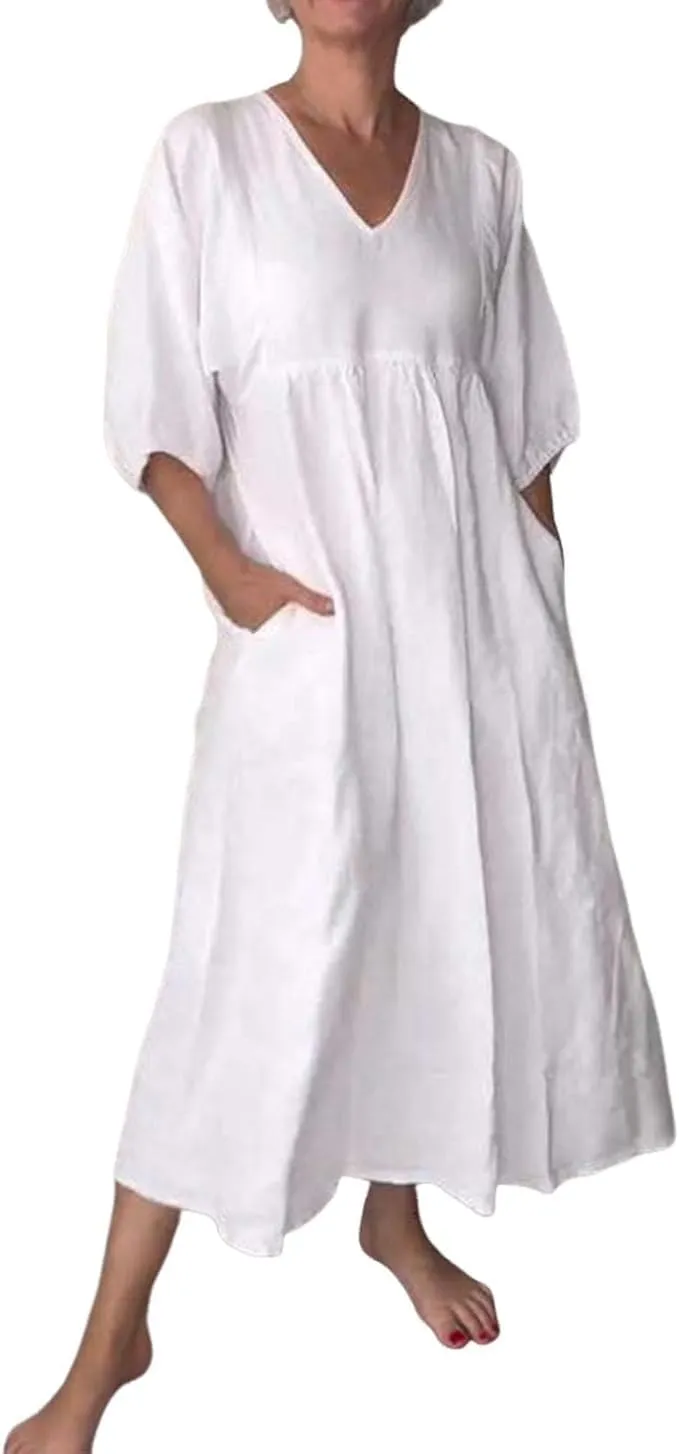 Women's Cotton Linen Deep V-Neck Pleated Dress Solid Color Casual Maxi Dresses Midi Long Tunic Dress with Pocket