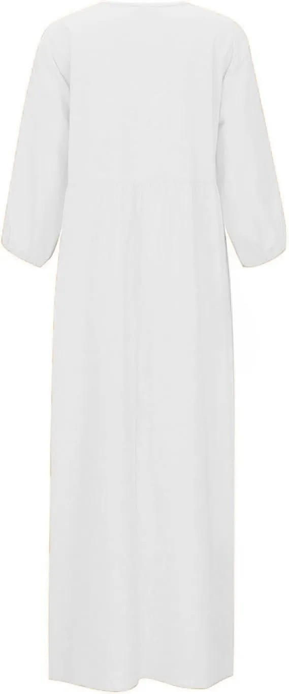 Women's Cotton Linen Deep V-Neck Pleated Dress Solid Color Casual Maxi Dresses Midi Long Tunic Dress with Pocket