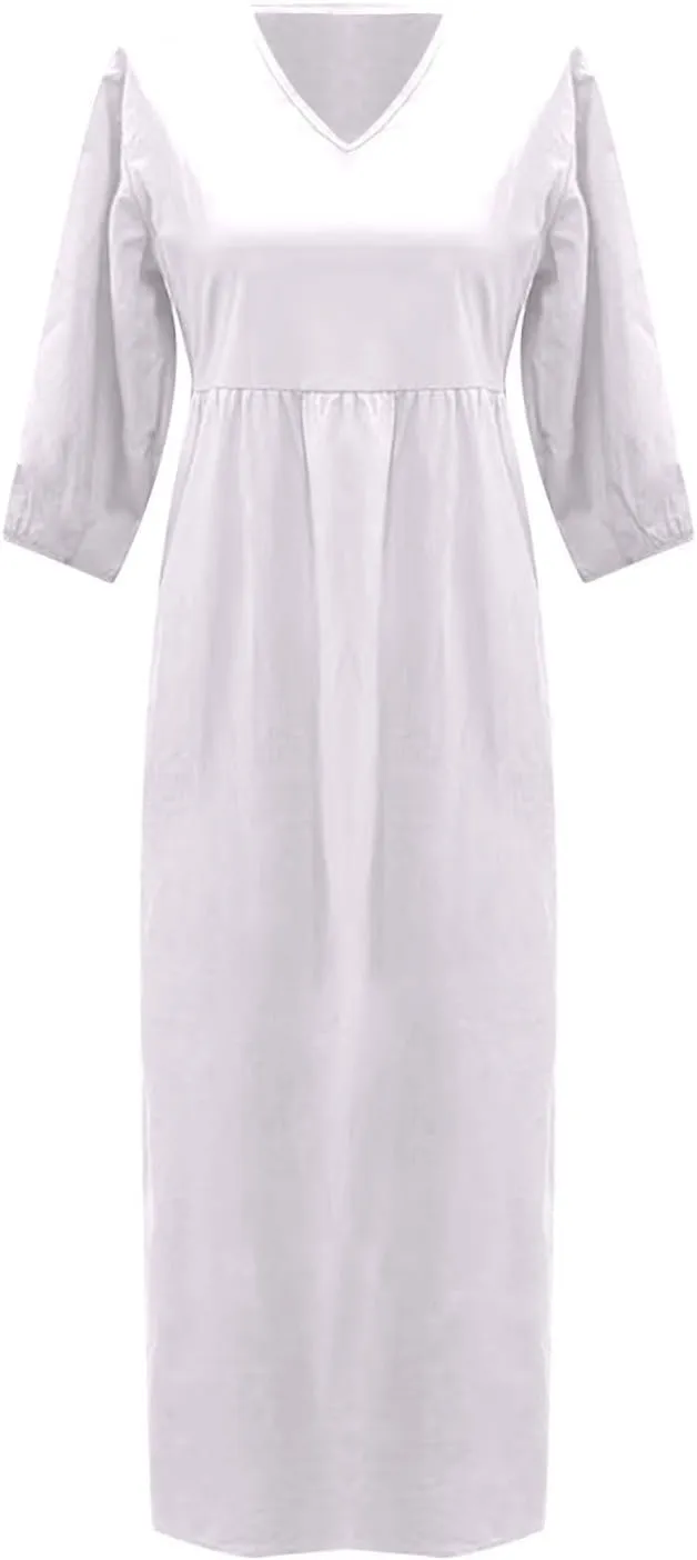 Women's Cotton Linen Deep V-Neck Pleated Dress Solid Color Casual Maxi Dresses Midi Long Tunic Dress with Pocket