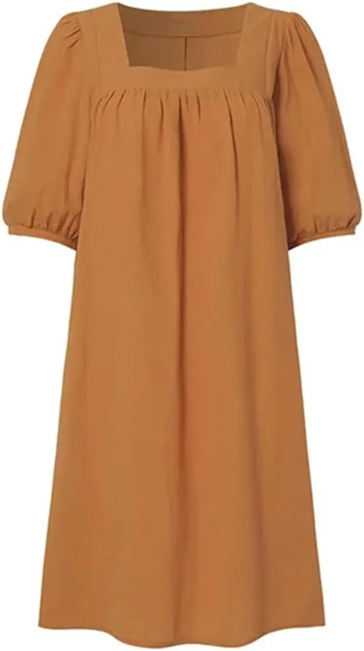 Womens Cotton Linen Dresses 2025 Summer Casual Square Neck Solid Sundress Loose Half Sleeve Vacation Short Dress