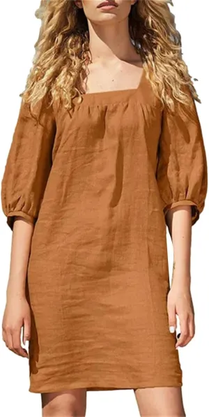 Womens Cotton Linen Dresses 2025 Summer Casual Square Neck Solid Sundress Loose Half Sleeve Vacation Short Dress