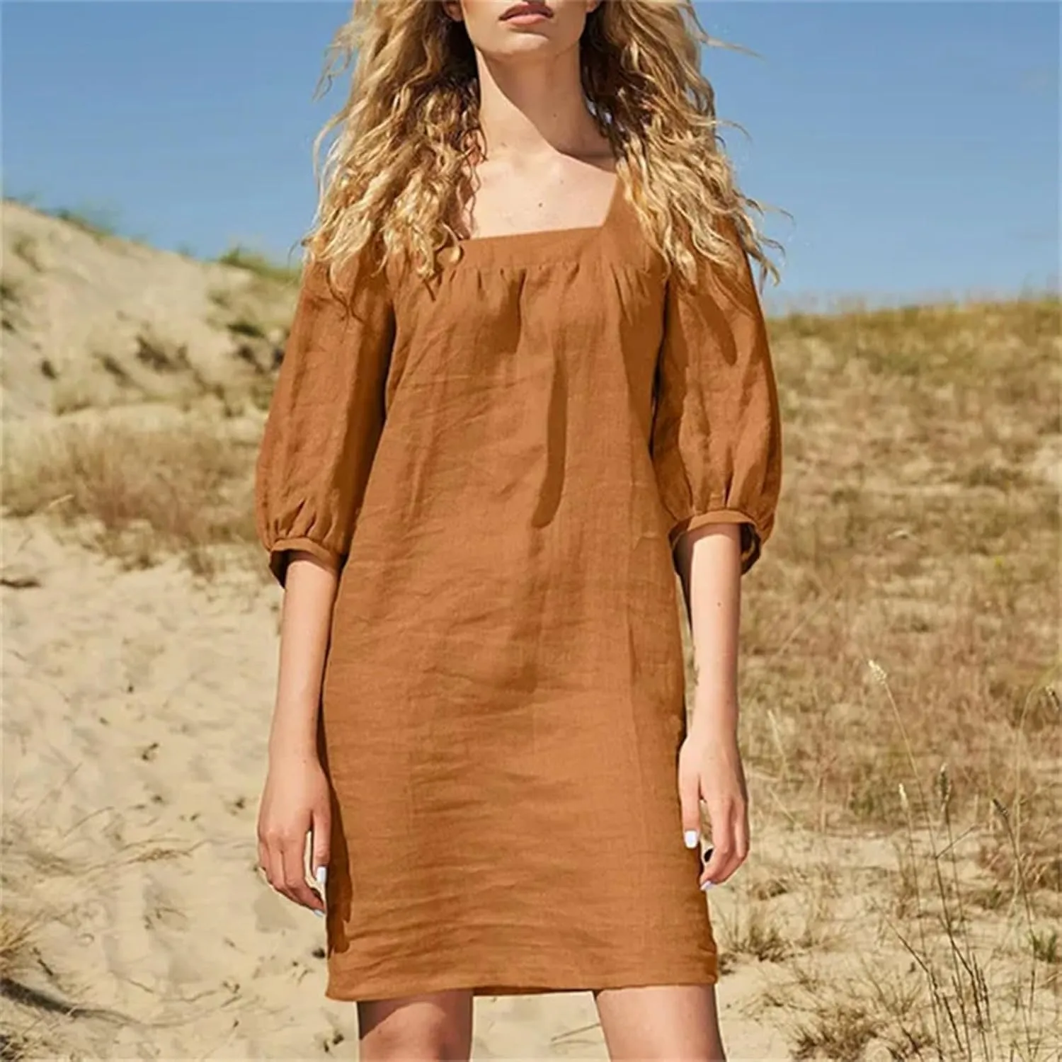 Womens Cotton Linen Dresses 2025 Summer Casual Square Neck Solid Sundress Loose Half Sleeve Vacation Short Dress