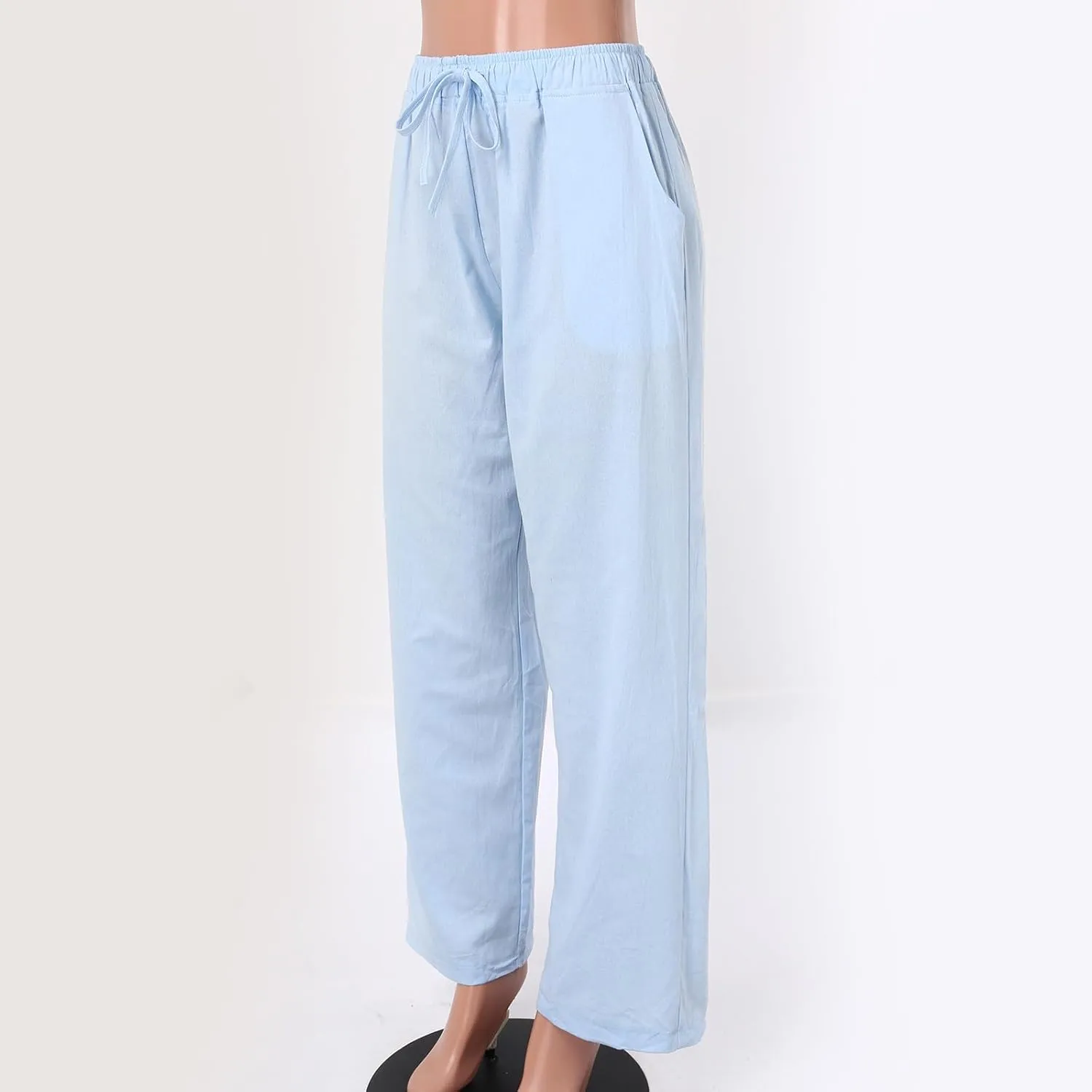 Womens Cotton Linen Summer Palazzo Pant Flowy Wide Leg Beach Pants High Waist Soft Trouser with Pocket