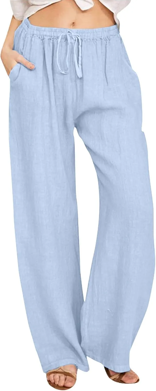 Womens Cotton Linen Summer Palazzo Pant Flowy Wide Leg Beach Pants High Waist Soft Trouser with Pocket