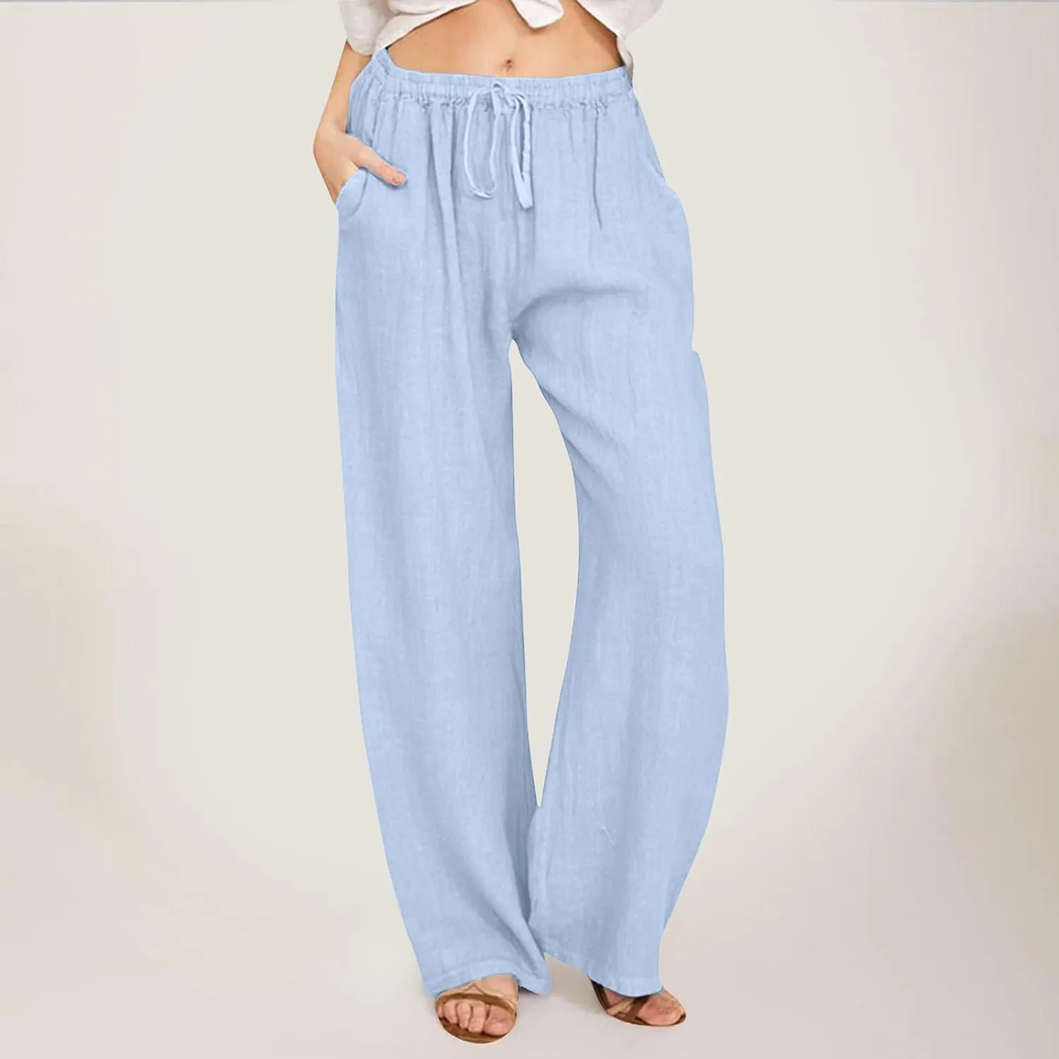 Womens Cotton Linen Summer Palazzo Pant Flowy Wide Leg Beach Pants High Waist Soft Trouser with Pocket
