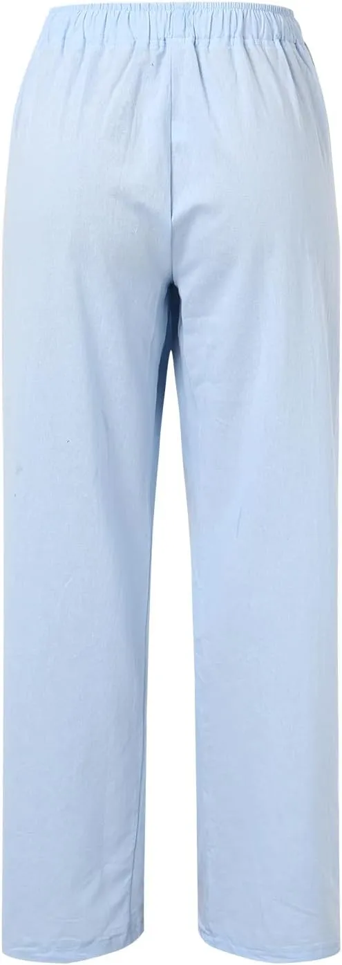 Womens Cotton Linen Summer Palazzo Pant Flowy Wide Leg Beach Pants High Waist Soft Trouser with Pocket