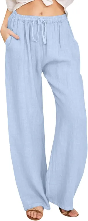Womens Cotton Linen Summer Palazzo Pant Flowy Wide Leg Beach Pants High Waist Soft Trouser with Pocket