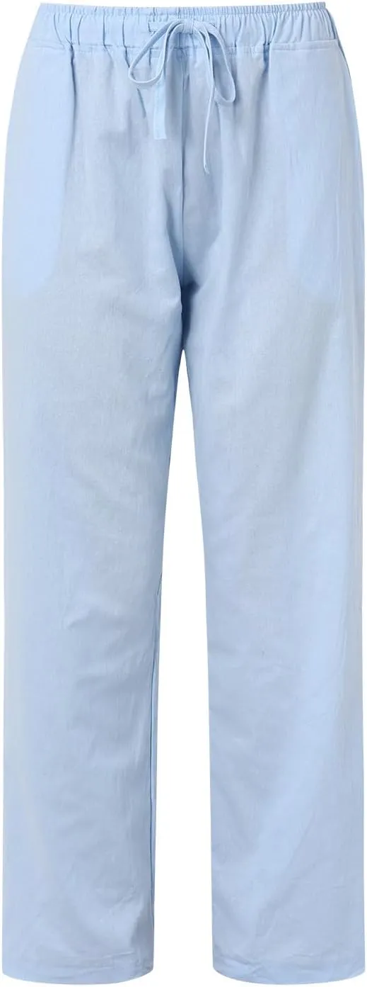 Womens Cotton Linen Summer Palazzo Pant Flowy Wide Leg Beach Pants High Waist Soft Trouser with Pocket