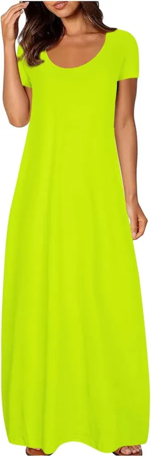 Women's Crew Neck Short Sleeved Maxi Dresses Solid Color Large Size Beach Dress for Daily Wear and Summer Events