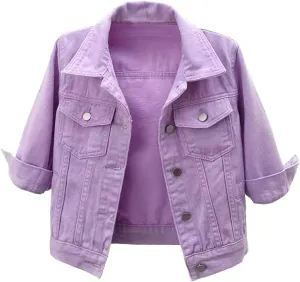 Womens Cropped Denim Jacket 3/4 Sleeve Short Jean Jacket Button Down Retro Jackets Lightweight Trucker Coat
