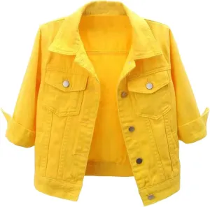 Women's Denim Jacket 3/4 Sleeve Cropped Jackets Lapel Button Down Cardigan Jean Jackets Casual Cute Trucker Coats