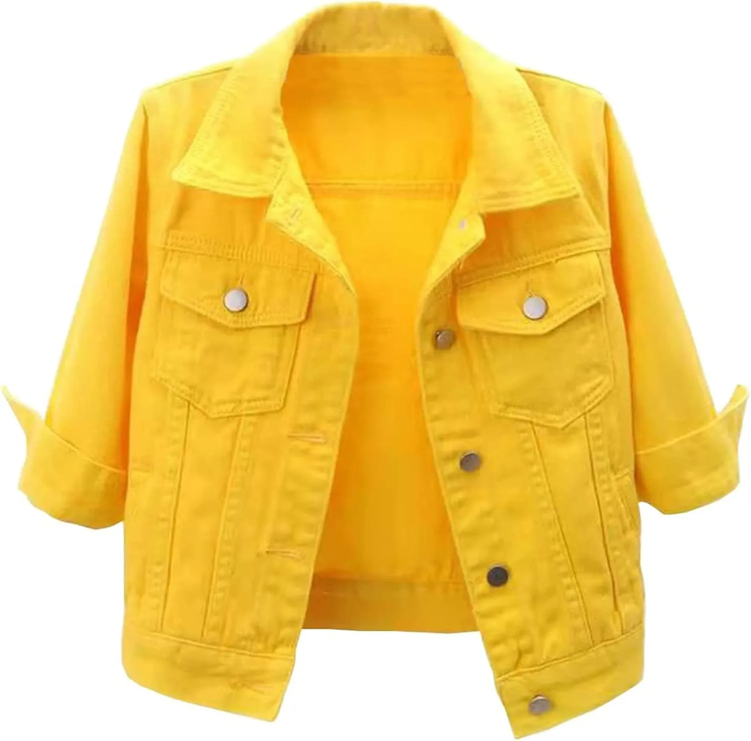 Women's Denim Jacket 3/4 Sleeve Cropped Jackets Lapel Button Down Cardigan Jean Jackets Casual Cute Trucker Coats