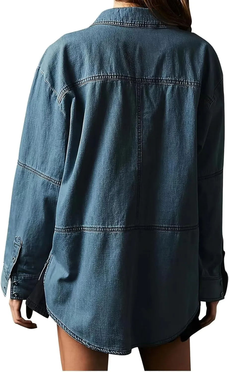 Womens Denim Jacket Lightweight V Neck Sweatshirt Jackets Casual Loose Long Sleeve Pullover Tops with Pocket