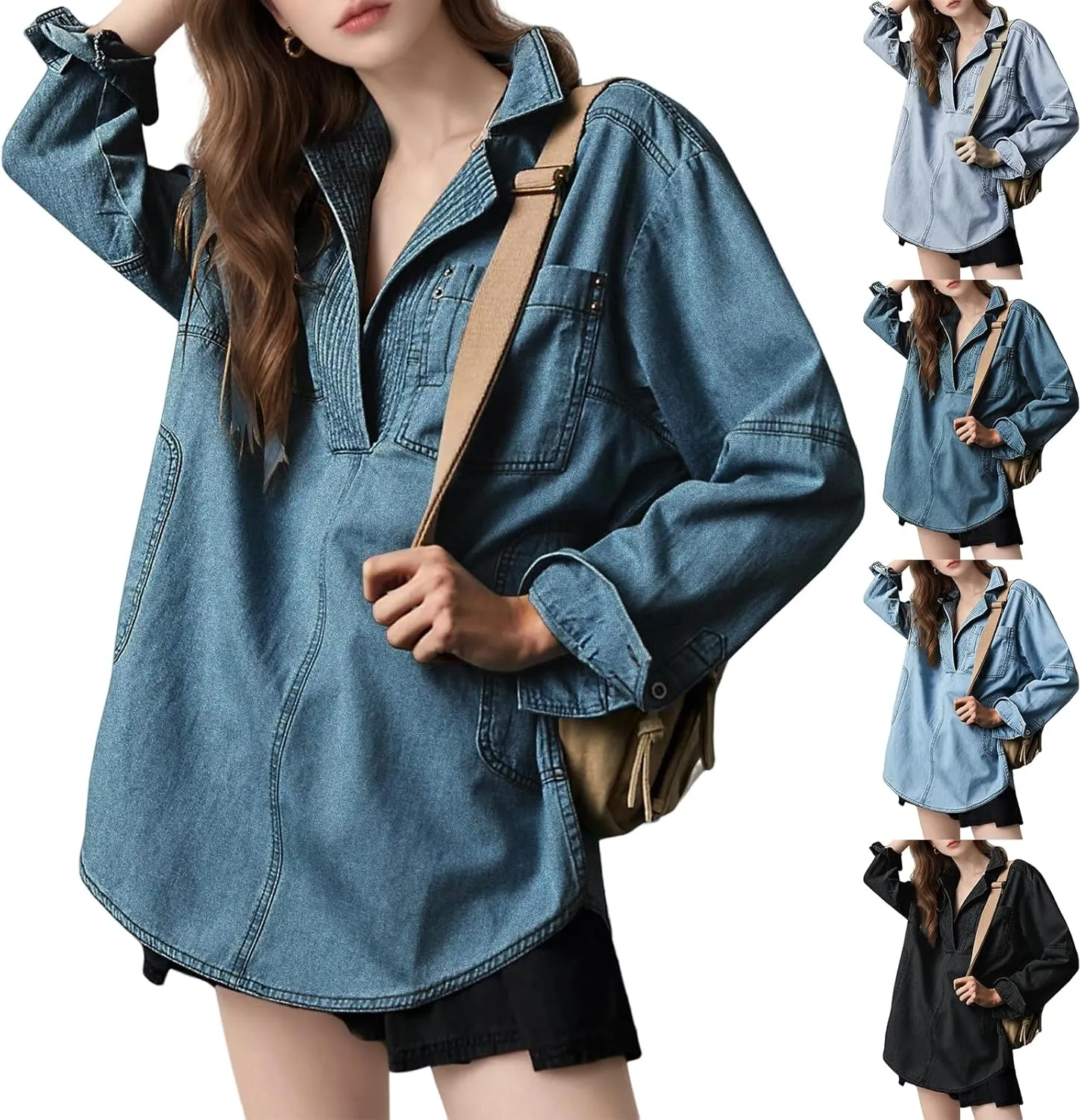 Womens Denim Jacket Lightweight V Neck Sweatshirt Jackets Casual Loose Long Sleeve Pullover Tops with Pocket