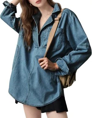 Womens Denim Jacket Lightweight V Neck Sweatshirt Jackets Casual Loose Long Sleeve Pullover Tops with Pocket