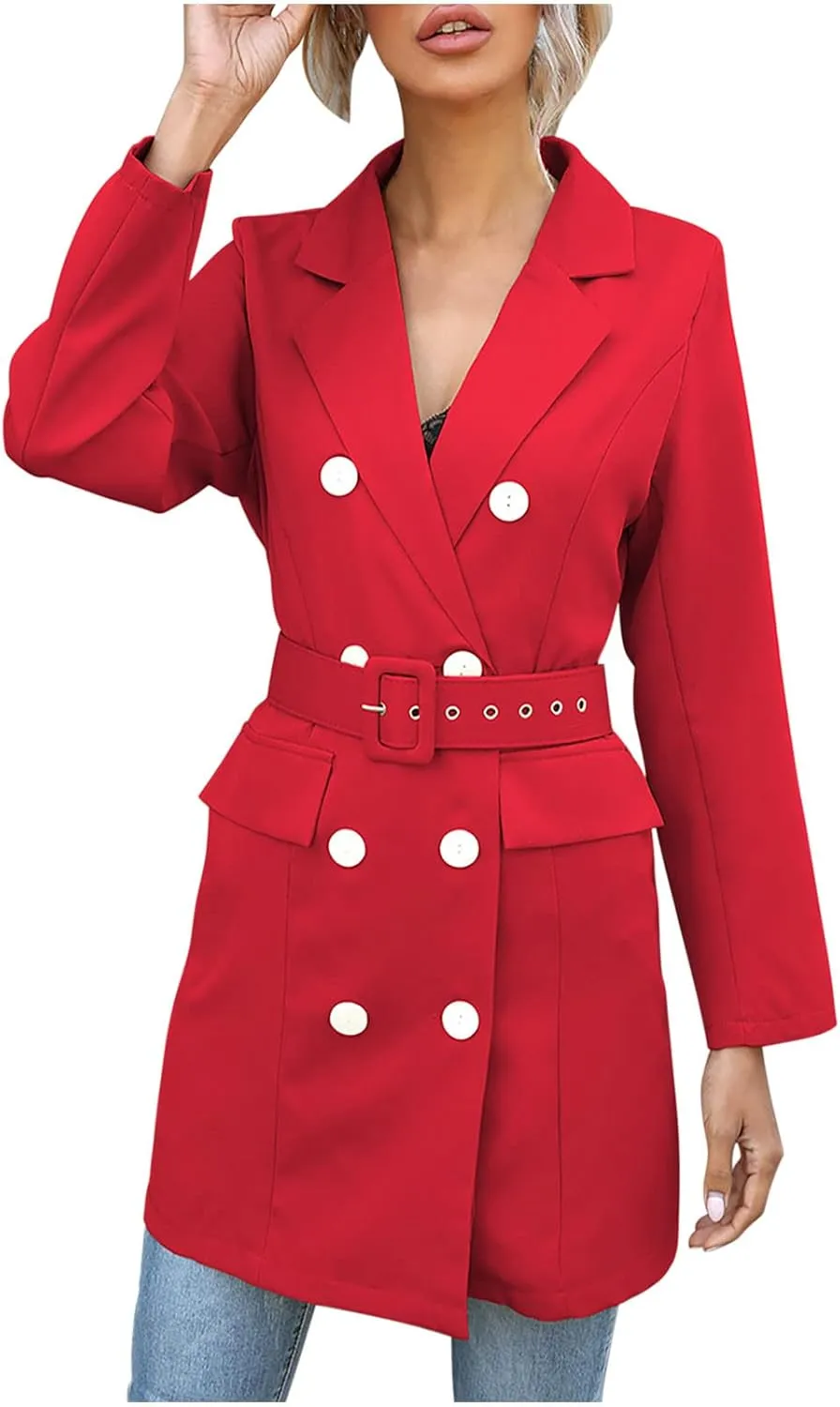 Women's Double Breasted Blazer Jacket Pea Coat Long Sleeve Lapel Winter Basic Mid-Long Trench Coat with Belt