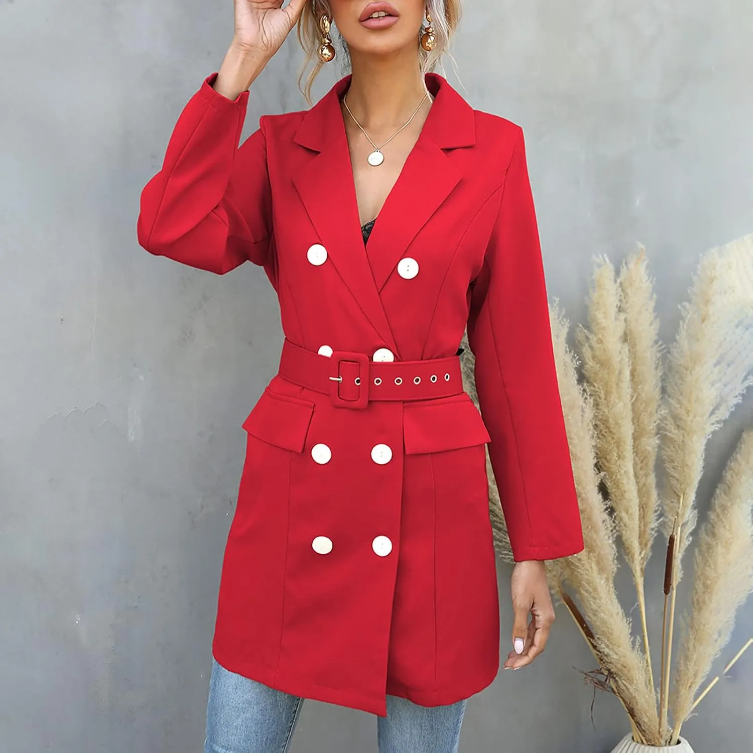 Women's Double Breasted Blazer Jacket Pea Coat Long Sleeve Lapel Winter Basic Mid-Long Trench Coat with Belt
