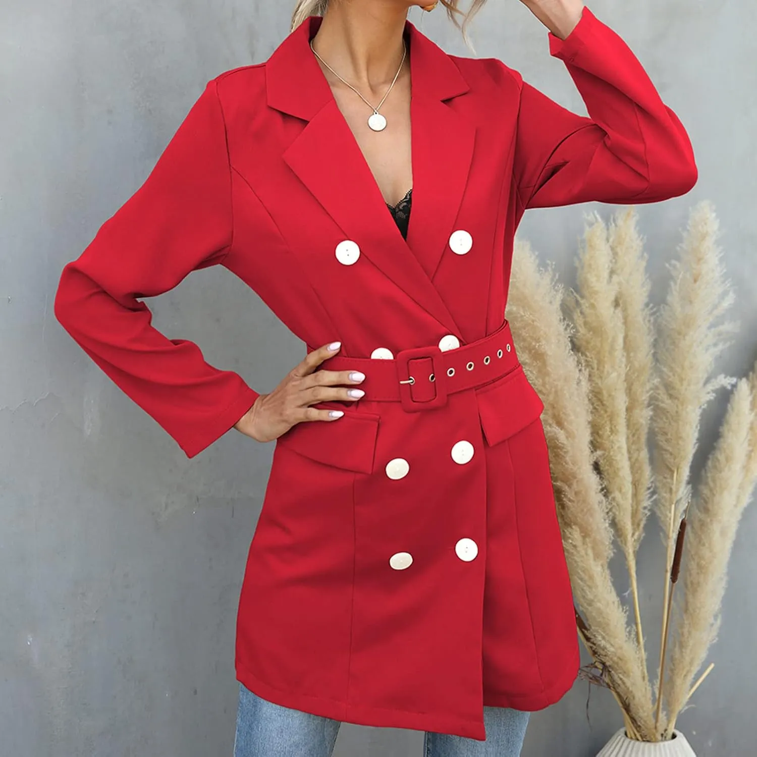 Women's Double Breasted Blazer Jacket Pea Coat Long Sleeve Lapel Winter Basic Mid-Long Trench Coat with Belt