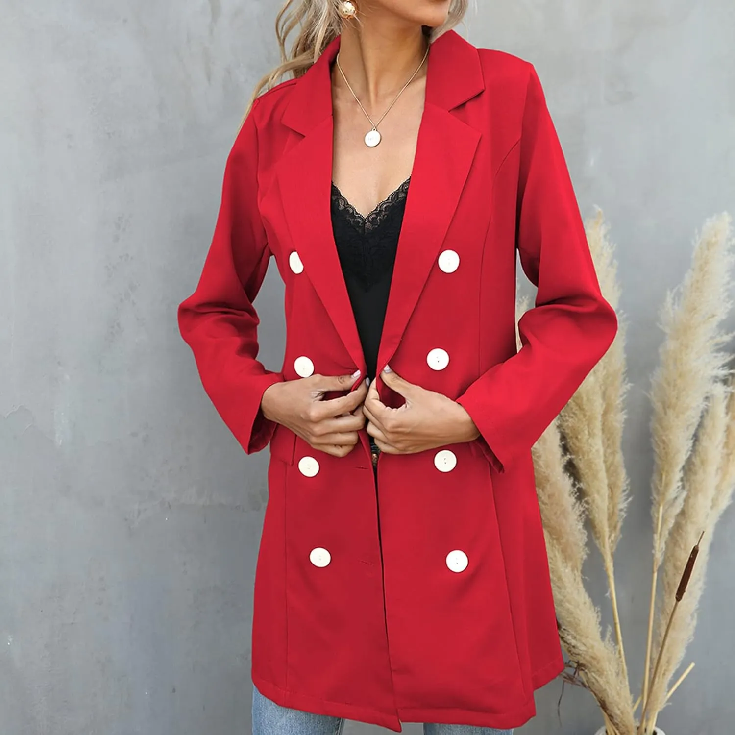 Women's Double Breasted Blazer Jacket Pea Coat Long Sleeve Lapel Winter Basic Mid-Long Trench Coat with Belt