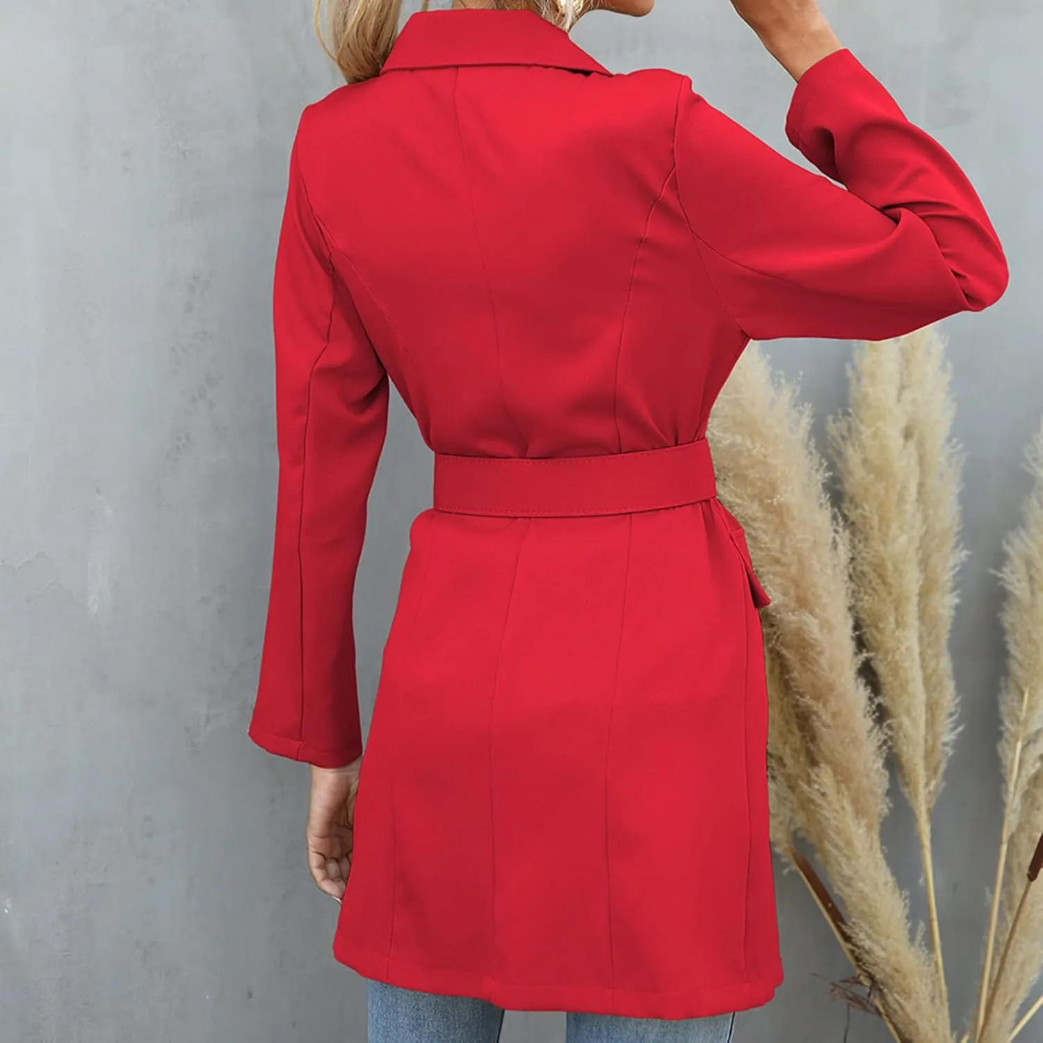 Women's Double Breasted Blazer Jacket Pea Coat Long Sleeve Lapel Winter Basic Mid-Long Trench Coat with Belt