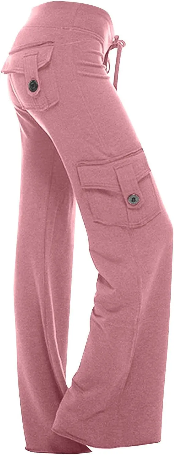 Women's Drawstring Yoga Cargo Pant High Elastic Waist Comfy Sweatpant Multi-Pocket Gym Workout Trouser with Button