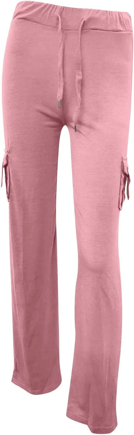 Women's Drawstring Yoga Cargo Pant High Elastic Waist Comfy Sweatpant Multi-Pocket Gym Workout Trouser with Button