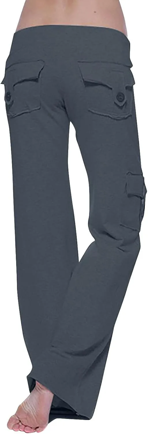 Women's Drawstring Yoga Cargo Pant High Elastic Waist Comfy Sweatpant Multi-Pocket Gym Workout Trouser with Button