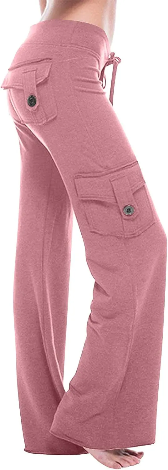 Women's Drawstring Yoga Cargo Pant High Elastic Waist Comfy Sweatpant Multi-Pocket Gym Workout Trouser with Button