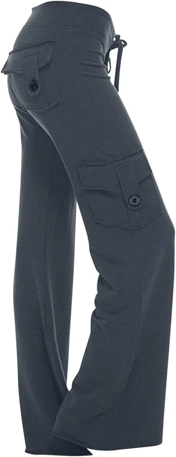 Women's Drawstring Yoga Cargo Pant High Elastic Waist Comfy Sweatpant Multi-Pocket Gym Workout Trouser with Button