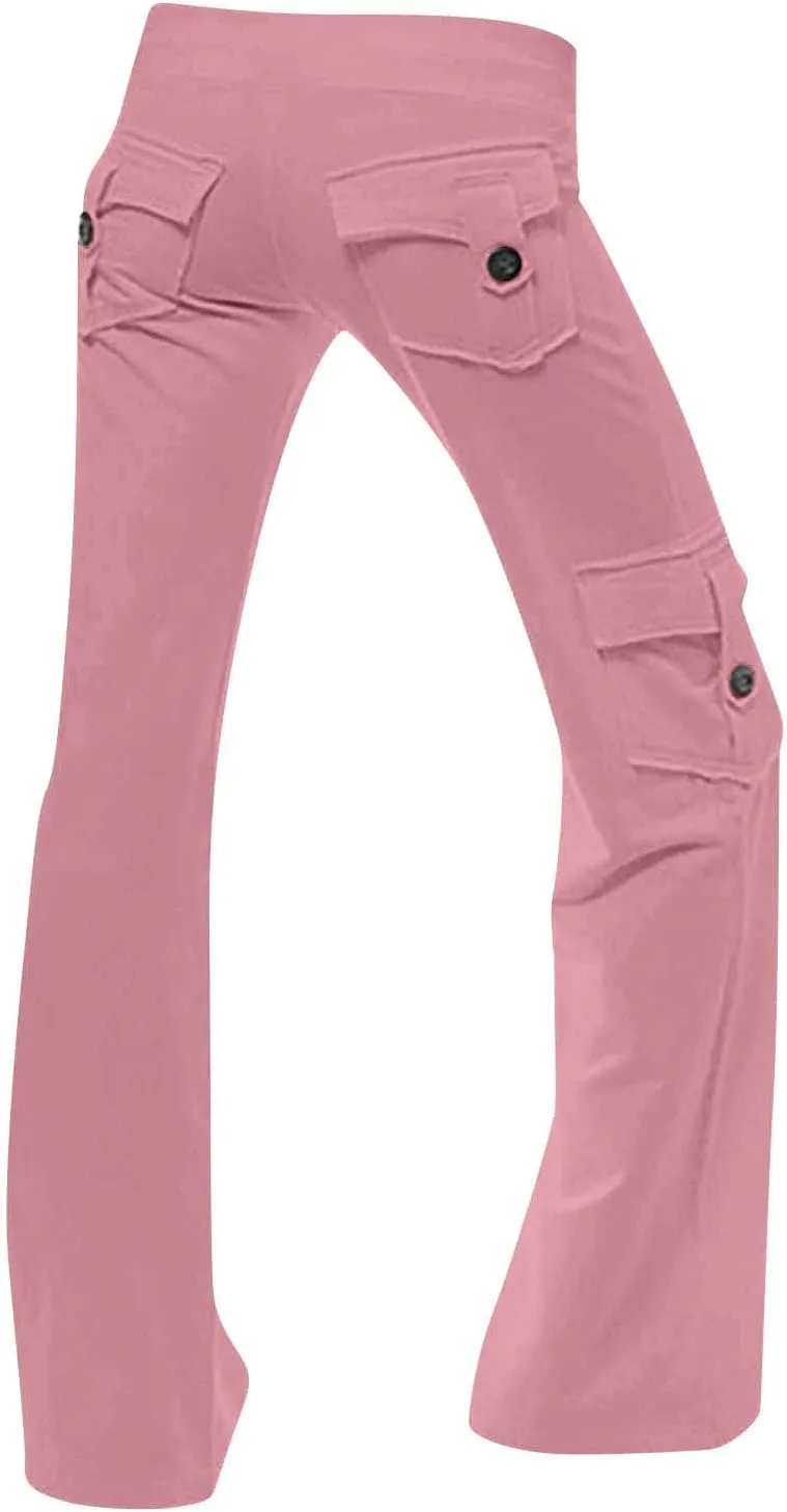 Women's Drawstring Yoga Cargo Pant High Elastic Waist Comfy Sweatpant Multi-Pocket Gym Workout Trouser with Button