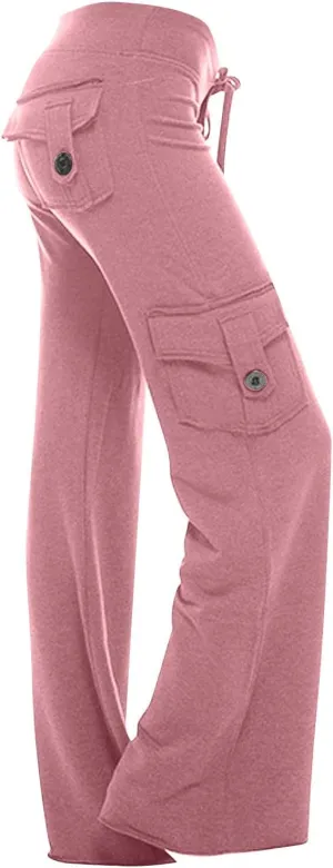 Women's Drawstring Yoga Cargo Pant High Elastic Waist Comfy Sweatpant Multi-Pocket Gym Workout Trouser with Button