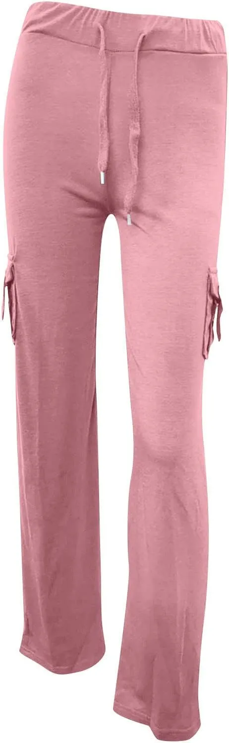 Women's Drawstring Yoga Cargo Pant High Elastic Waist Comfy Sweatpant Multi-Pocket Gym Workout Trouser with Button