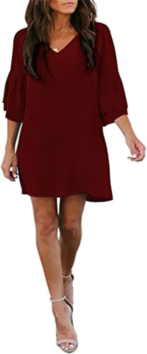 Women's Dress Sweet Cute V-Neck Half Length Bell Sleeve Shift Mini Dress Causal Loose Elegant Flowy Swing Dresses