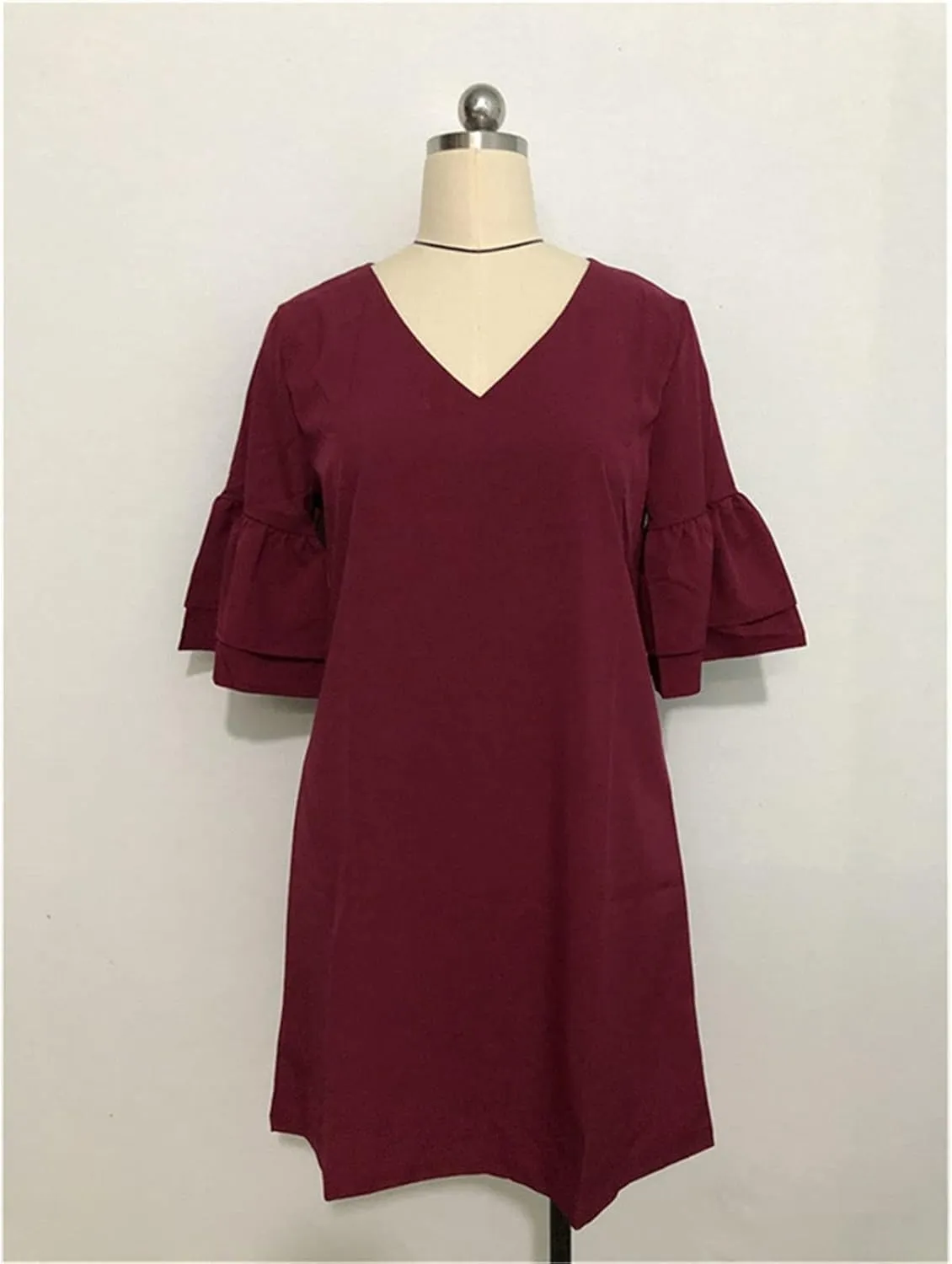 Women's Dress Sweet Cute V-Neck Half Length Bell Sleeve Shift Mini Dress Causal Loose Elegant Flowy Swing Dresses
