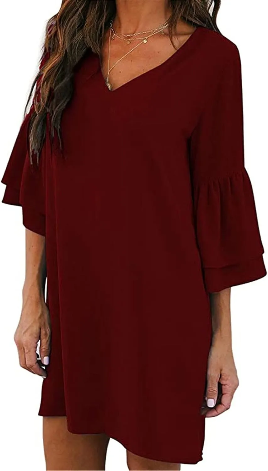 Women's Dress Sweet Cute V-Neck Half Length Bell Sleeve Shift Mini Dress Causal Loose Elegant Flowy Swing Dresses