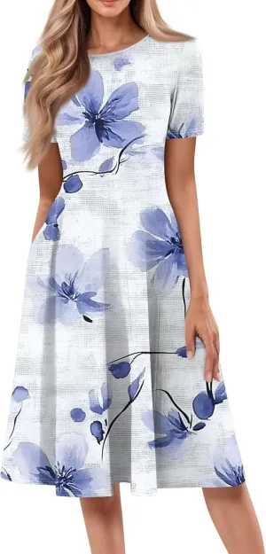 Womens Dresses 2025 Summer Empire Waist Crewneck Short Sleeve Midi Sun Dress Vacation A Line Dress Side Pockets