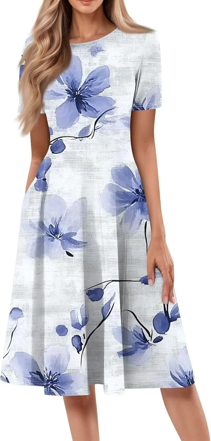 Womens Dresses 2025 Summer Empire Waist Crewneck Short Sleeve Midi Sun Dress Vacation A Line Dress Side Pockets
