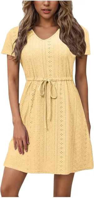 Womens Dresses 2025 Summer Vacation Dress Casual Tie Waist Eyelet Sundress Short Sleeve Crew Neck Boho Beachwear