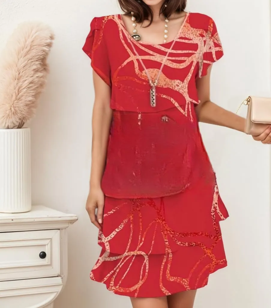 Women's Elegant Chiffon Tiered Layered Boho Print midi Dress Ruffle Short Sleeve Wedding Guest Cocktail Party Dresses