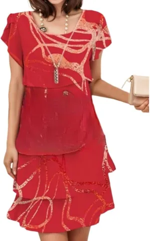 Women's Elegant Chiffon Tiered Layered Boho Print midi Dress Ruffle Short Sleeve Wedding Guest Cocktail Party Dresses