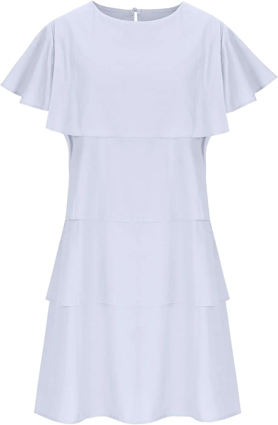 Womens Elegant Ruffle Tiered Dress Elegant Crewneck Flowy Midi Sundress Causal Beach Sun Dress Wedding Guest Dresses