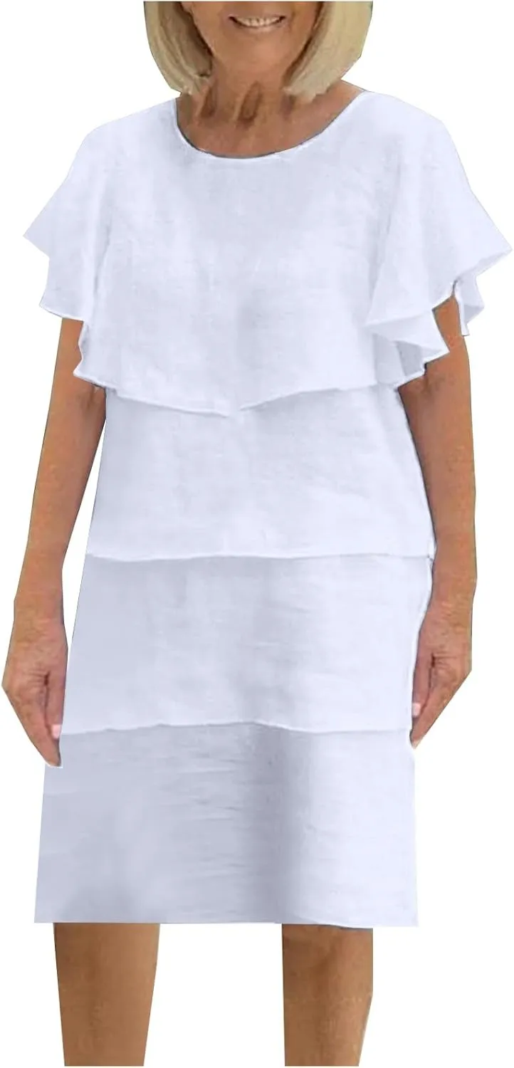 Womens Elegant Ruffle Tiered Dress Elegant Crewneck Flowy Midi Sundress Causal Beach Sun Dress Wedding Guest Dresses