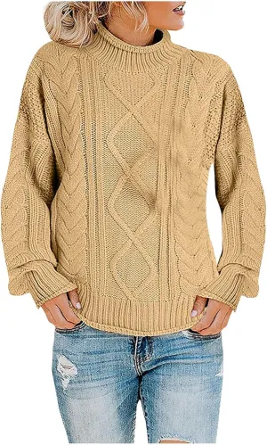 Womens Fall Clothes Fisherman Cable Knit Sweater Mock Neck Lantern Sleeve Knit Top Comfy Clothes for Flying