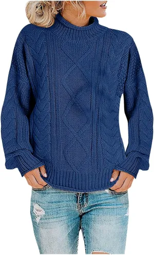 Womens Fall Clothes Fisherman Cable Knit Sweater Mock Neck Lantern Sleeve Knit Top Comfy Clothes for Flying