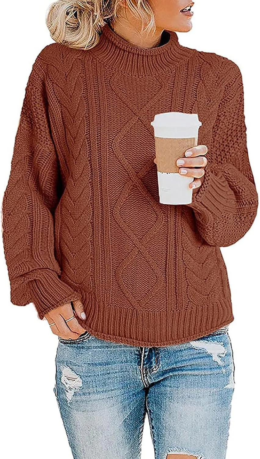 Womens Fall Clothes Fisherman Cable Knit Sweater Mock Neck Lantern Sleeve Knit Top Comfy Clothes for Flying
